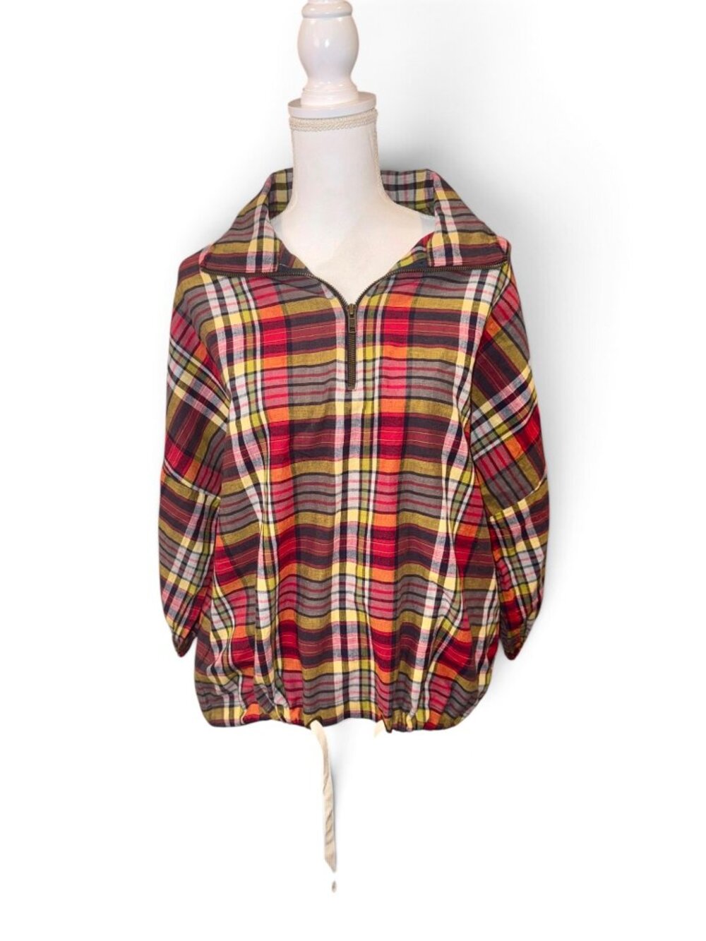 The Great Plaid Half-Zip Pullover Top With Drawstring Hem, Size M